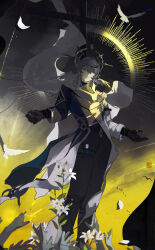 Rule 34 | 1boy, absurdres, arms up, bird, black boots, black gloves, black pants, blue coat, boots, closed mouth, coat, cross, crucifix, efanziyu, feathered wings, flower, gloves, grey hair, hair between eyes, hair intakes, halo, halo behind head, head wings, highres, honkai: star rail, honkai (series), jewelry, long hair, long sleeves, looking at viewer, male focus, multicolored coat, multiple rings, pants, ring, solo, sunday (honkai: star rail), thigh strap, two-tone coat, white bird, white coat, white flower, white wings, wings, yellow eyes