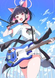 1girl animal_ears blue_archive blue_sky cat_ears cat_girl cat_tail halo highres holding holding_microphone instrument kamuraaa_615 kazusa_(band)_(blue_archive) kazusa_(blue_archive) looking_at_viewer microphone music playing_instrument shirt short_hair sky smile solo spiked_hair tail thigh_strap white_shirt