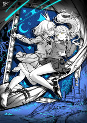 2girls bang_dream! bang_dream!_it&#039;s_mygo!!!!! barefoot breasts chibi commentary_request crown dress floating_hair greyscale_with_colored_background hanasakigawa_school_uniform hand_up highres jacket long_hair long_sleeves medium_breasts misumi_uika multiple_girls neck_ribbon picture_frame pleated_dress pleated_skirt qingwa_chi_she ribbon sailor_collar sailor_dress school_uniform skirt spot_color togawa_sakiko