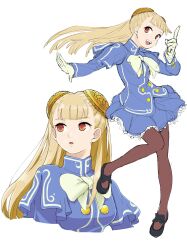 1girl absurdres black_shoes blonde_hair bow capcom_fighting_jam commentary gloves hairpods highres ingrid_(capcom) long_hair mary_janes miniskirt multiple_views pantyhose red_eyes sekichuu_(unholywars12) shoes skirt white_gloves
