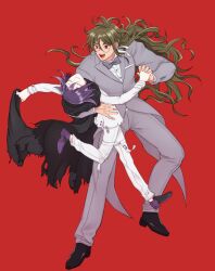 2boys affectionate black_cape bow bowtie brown_hair buttons cape dancing danganronpa_(series) danganronpa_v3:_killing_harmony flipped_hair formal_clothes gokuhara_gonta grey_bow grey_bowtie grey_suit hair_between_eyes happy holding_hands jacket long_hair long_sleeves male_focus messy_hair multiple_boys oma_kokichi open_mouth pants purple_hair red_background red_eyes round_eyewear short_hair simple_background size_difference smile suit teeth thigh_strap torn_cape torn_clothes user_fgsh5427