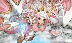 Rule 34 | 1girl, absurdres, adeshi (adeshi0693119), black eyes, breasts, colored skin, dragon girl, dragon horns, dragon tail, dragon wings, duel monster, floating hair, forehead jewel, highres, horns, large breasts, long hair, philia regis, pink hair, pink skin, ringed eyes, solo, tail, white hair, wings, yu-gi-oh!