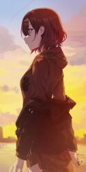 1girl absurdres blue_sky brown_eyes brown_hair cloud commentary eimizzzzz from_side gradient_sky hair_ornament hairclip highres higuchi_madoka hood hoodie idolmaster idolmaster_shiny_colors jacket jacket_partially_removed mole mole_under_eye nail_polish profile short_hair sky solo yellow_sky