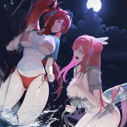 Rule 34 | 2girls, bikini, breasts, choker, cloud, dorothy (serendipity) (nikke), dutch angle, flower-shaped hair, frills, full moon, game cg, goddess of victory: nikke, groin, hair ornament, highres, large breasts, long hair, looking at another, moon, multiple girls, navel, night, non-web source, official art, open mouth, pale skin, pink hair, ponytail, rapi (nikke), rapi (red hood) (red flavor) (nikke), red bikini, red eyes, red hair, see-through clothes, shirt, side-tie bikini bottom, sidelocks, spoilers, swimsuit, t-shirt, water, wet, wet clothes, wet shirt