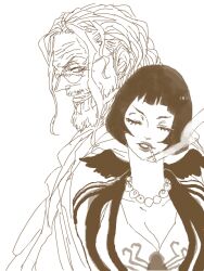 1boy 1girl beard bob_cut cigarette closed_eyes commentary_request eyelashes facial_hair glasses greyscale jewelry kaoru. long_hair monochrome necklace one_piece pearl_necklace profile shakuyaku_(one_piece) short_hair sidelocks silvers_rayleigh smile smoke upper_body