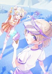 Rule 34 | 3girls, absurdres, ahoge, ben-day dots, double bun, food, hair bun, highres, holding, holding food, holding ice cream, hololive, hololive dev is, holonatsu paradise, ice cream, ice cream cone, ichijou ririka, ichijou ririka (holonatsu paradise), looking at viewer, lying, multicolored hair, multiple girls, official alternate costume, one eye closed, open mouth, otonose kanade, otonose kanade (holonatsu paradise), parasol, piita, screentones, shirt, short hair, smile, todoroki hajime, todoroki hajime (holonatsu paradise), twitter username, umbrella, virtual youtuber, visor cap, white shirt