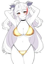 Rule 34 | 1girl, :q, absurdres, arms behind head, arms up, azur lane, bikini, blush, breasts, brown eyes, choker, cleavage, collarbone, commentary request, groin, hair ribbon, highleg, highleg bikini, highres, large breasts, long hair, looking at viewer, mole, mole on breast, moyoron, multicolored hair, navel, parted bangs, prinz eugen (azur lane), red hair, ribbon, side-tie bikini bottom, simple background, solo, streaked hair, swimsuit, thigh gap, tongue, tongue out, two side up, very long hair, white background, yellow bikini