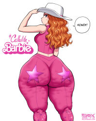 ass barbie_(franchise) barbie_(live_action) blue_eyes breasts cellulite clothes cowboy_hat english_text fat fat_woman fellatrix hat highres huge_ass large_breasts looking_back mary_lou_(fellatrix) orange_hair pants standing thick_thighs thighs wide_hips