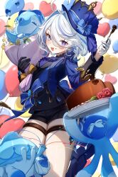 1girl :d ahoge ascot asymmetrical_gloves balloon black_ascot black_gloves blue_ascot blue_brooch blue_eyes blue_gemstone blue_hair blue_hat blue_jacket blush bubble cowlick drop-shaped_pupils fish fork furina_(genshin_impact) gem genshin_impact gentilhomme_usher gloves hair_between_eyes hat heterochromia highres holding holding_fork hydro_symbol_(genshin_impact) imasaki_kei jacket light_blue_hair long_hair looking_at_viewer mademoiselle_crabaletta mismatched_gloves mismatched_pupils open_mouth seahorse smile solo surintendante_chevalmarin symbol-shaped_pupils thigh_strap top_hat