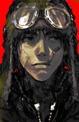 1boy aviator_cap aviator_goggles bandaid bandaid_on_cheek bandaid_on_face cigarette commentary frown goggles goggles_on_headwear highres korean_commentary looking_to_the_side male_focus my_nameisyoon original portrait red_background smoking solo