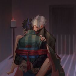 Rule 34 | 2boys, akatsuki uniform, alternate universe, arms behind back, barefoot, bdsm, black shirt, bondage, bound, bound arms, chair, closed mouth, green vest, grey hair, hatake kakashi, indoors, legs, male focus, multiple boys, nail polish, naruto (series), naruto shippuuden, no pants, on chair, ppposter, shirt, sitting, sitting on lap, sitting on person, smile, spiked hair, straddling, uchiha obito, vest, yaoi