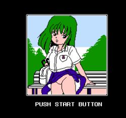 Rule 34 | 1girl, bag, bench, black eyes, blue skirt, bookbag, breasts, green hair, holding, long hair, looking at viewer, lowres, mimi (sailor fuku bishoujo zukan), no panties, open mouth, pixel art, pussy, sailor fuku bishoujo zukan, sailor fuku bishoujo zukan vol. 5, school uniform, shirt, shirt pocket, short sleeves, skirt, sky, small breasts, teeth, tree, white shirt, wind, wind lift