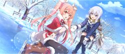 2girls bare_tree black_pantyhose black_thighhighs blue_coat blue_sky boots bow brown_boots brown_scarf buttons capelet chris_(konosuba) cloud cloudy_sky coat day double-breasted double-parted_bangs erika_(konosuba) facial_scar fallen_down fur-trimmed_capelet fur-trimmed_coat fur_trim game_cg gloves grey_gloves hair_between_eyes hair_bow hand_on_own_knee hand_up highres ice ice_skates kono_subarashii_sekai_ni_shukufuku_wo! konosuba!_fantastic_days leaning_forward light_blush long_hair long_scarf looking_at_another looking_at_viewer mittens multiple_girls official_alternate_costume official_art on_ground open_mouth outdoors pantyhose pink_coat pink_eyes pink_hair purple_eyes red_bow red_capelet scar scar_on_cheek scar_on_face scarf short_hair short_shorts shorts side_ahoge sidelocks skates sky snow sparkle standing striped_clothes striped_scarf sweatdrop thighhighs tree twintails two-tone_scarf very_long_hair white_bow white_mittens white_scarf winter winter_clothes winter_coat zettai_ryouiki