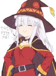 1girl artist_name bad_tag black_cloak brown_cape cape cloak closed_eyes closed_mouth cosplay crossdressing dress emilia_(re:zero) english_text hat highres kono_subarashii_sekai_ni_shukufuku_wo! megumin megumin_(cosplay) non-web_source pointy_ears re:zero_kara_hajimeru_isekai_seikatsu red_dress simple_background smile solo white_background white_hair witch_hat