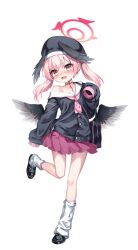 1girl :o absurdres bag black_choker black_serafuku black_shoes black_wings blue_archive blush choker collarbone commentary_request embarrassed feathered_wings full_body hair_between_eyes halo hat head_wings highres kneehighs koharu_(blue_archive) long_hair long_sleeves looking_at_viewer loose_socks neckerchief pink_eyes pink_hair pink_neckerchief pink_skirt pleated_skirt red_halo ryuhei_(lyuheyi1011) sailor_collar school_bag school_hat school_uniform serafuku shoes shoulder_bag sidelocks simple_background skirt sleeves_past_fingers sleeves_past_wrists socks solo standing standing_on_one_leg twintails white_background white_sailor_collar white_socks wings