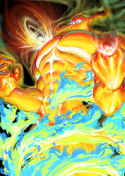 1boy abs absurdres blue_eyes blue_fire darkstalkers elemental_(creature) energy fire fire_elemental glowing glowing_eyes green_fire highres horns minokichi_(arufooto25) muscular muscular_arms muscular_male no_mouth orange_fire pectorals pyron red_fire solo yellow_fire
