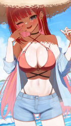1girl absurdres akane_lize bare_shoulders beach bikini bikini_top_only black_choker black_eyes blue_shirt blue_shorts blue_sky blush breasts choker cleavage collarbone criss-cross_halter day denim denim_shorts fangs halterneck hands_up hat highres large_breasts lens_flare light_particles long_hair long_sleeves looking_at_viewer multicolored_hair nail_polish navel o-ring o-ring_bikini o-ring_top ocean off_shoulder one_eye_closed open_clothes open_mouth open_shirt outdoors poppo_myupunk98 red_bikini red_hair red_nails red_pupils shirt short_shorts shorts sky smile solo standing stellive stomach straw_hat streaked_hair sunlight swimsuit thighs v very_long_hair virtual_youtuber