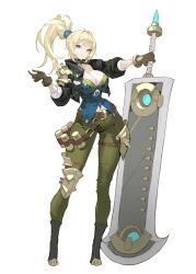Rule 34 | 1girl, absurdres, arowana2111, belt, black jacket, blonde hair, blue shirt, blunt bangs, blush, breasts, brown belt, brown gloves, cleavage, closed mouth, collarbone, commentary, english commentary, full body, gloves, green pants, hand up, highres, holding, holding weapon, huge weapon, jacket, looking at viewer, open clothes, open jacket, original, outstretched arm, pants, ponytail, shirt, smile, solo, strapless, strapless shirt, thigh belt, thigh strap, three-quarter sleeves, weapon