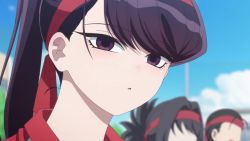 animated anime_screenshot audible_speech baseball_bat cheering crowd dizzy english_audio headband komi-san_wa_komyushou_desu komi_shouko looking_at_another on_ground outdoors running sound tadano_hitohito track_and_field video