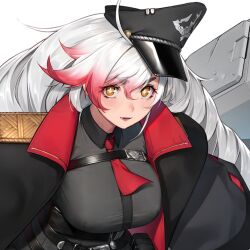 1girl beeeeen belt belt_pouch black_belt black_coat black_hat breasts chest_harness coat epaulettes eyebrows_hidden_by_hair female_focus game_cg gradient_hair hair_between_eyes hair_tuft harness hat high_collar large_breasts last_origin long_hair looking_at_viewer lower_teeth_only military military_hat military_uniform multicolored_hair necktie official_art open_clothes open_coat open_mouth orange_eyes peaked_cap pouch red_hair red_necktie rhode_(last_origin) smile symbol-shaped_pupils teeth thick_eyebrows transparent_background two-tone_hair upper_body white_hair