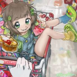 1boy 1girl 2025 artist_name blue_eyes blue_overalls blue_sock blue_socks brown_hair character_name chocolate crocs freckles girutea gloves green_eyes green_nails holding_chocolate holding_food indie_virtual_youtuber lily_hopkins loli overalls shopping_cart short_hair sitting socks white_gloves yellow_sock yellow_socks