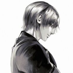 1boy black_shirt closed_mouth commentary english_commentary from_side henoopd leon_s._kennedy looking_down male_focus monochrome portrait profile resident_evil resident_evil_4 resident_evil_4_(remake) shirt short_hair simple_background sketch solo t-shirt white_background