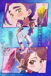 1boy 1girl absurdres arms_behind_head black_hair blue_shirt blue_socks blush braid brown_eyes brown_hair closed_mouth collared_shirt gloves hair_ornament hand_on_own_arm hetero highres holding holding_tanzaku jacket juliana_(pokemon) kieran_(pokemon) long_sleeves metoa mole mole_on_neck multiple_views nintendo open_clothes open_jacket open_mouth pokemon pokemon_sv purple_hair red_tank_top shirt shoes short_sleeves single_glove socks standing tanabata tank_top tanzaku white_jacket white_shoes yellow_bag yellow_eyes