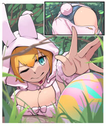 Rule 34 | 1girl, animal costume, animal ears, animal hood, aqua eyes, blonde hair, blush, breasts, cleavage, commentary, commission, cosplay, easter, easter egg, egg, fake animal ears, freckles, from behind, heart pendant, honey (raspberry puff), hood, hos kor, kigurumi, large breasts, multiple views, one eye closed, oppai loli, original, outdoors, rabbit costume, rabbit ears, rabbit hood, rabbit tail, reaching, short hair, skeb commission, tail