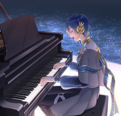 1boy akiyoshi_(tama-pete) blue_hair blue_nails blush capelet closed_eyes commentary_request from_side grey_capelet hair_between_eyes headphones headset instrument kaito_(vocaloid) male_focus music nail_polish o-ring_strap open_mouth pants piano playing_instrument playing_piano profile see-through_clothes see-through_sleeves short_hair singing sitting smile solo star_(symbol) star_print vocaloid winged_headphones