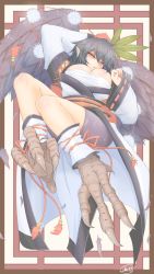 1girl animal_feet ankle_cuffs arm_behind_head artist_name bike_shorts black_hair black_shorts black_wings breasts cleavage commentary_request crow_feet cube85 detached_sleeves feathers female_focus hand_fan hat highres japanese_clothes kimono kourindou_tengu_costume large_breasts leaf leaf_fan looking_at_viewer obi parted_lips pointy_ears pom_pom_(clothes) red_eyes sarashi sash shameimaru_aya short_hair shorts slit_pupils solo talons tokin_hat touhou white_kimono white_sleeves wings