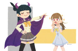 2girls :d alt_text black_hair black_thighhighs blue_dress blunt_bangs blush_stickers bow bowtie braid brown_hair buttons cape cape_hold center-flap_bangs clenched_hands closed_eyes closed_mouth collared_cape commentary_request demon_horns double-breasted dress fake_horns feather_hair_ornament feathers grey_sailor_collar grey_skirt hair_bun hair_ornament hasu_no_sora_school_uniform highres horns in-franchise_crossover kachimachi_kosuzu link!_like!_love_live! long_hair long_sleeves looking_at_another love_live! love_live!_sunshine!! medium_dress meidosan miniskirt multiple_girls neckerchief open_mouth pink_eyes pleated_dress pleated_skirt puffy_short_sleeves puffy_sleeves purple_cape purple_horns sailor_collar sailor_dress school_uniform serafuku shirt short_sleeves side_braids single_side_bun skirt smile sparkle standing straight_hair summer_uniform thighhighs tsushima_yoshiko twitter_username u_u uranohoshi_school_uniform v-shaped_eyebrows virtual_youtuber white_sailor_collar wide_mouth winter_uniform yellow_bow yellow_bowtie yellow_neckerchief yellow_shirt zettai_ryouiki