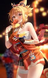 1girl absurdres bandaged_leg bandages black_gloves blonde_hair chest_sarashi commentary cowboy_shot emduck fingerless_gloves food genshin_impact gloves highres holding holding_food japanese_clothes kimono looking_at_viewer obi orange_kimono ponytail sarashi sash short_hair short_kimono single_bare_shoulder solo standing thighs wrist_wrap yellow_eyes yoimiya_(genshin_impact)