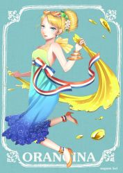 1girl anklet artist_name bad_id bad_pixiv_id bangle blonde_hair blue_dress blue_eyes bracelet dress eyewear_on_head female_focus france french_flag hair_bun high_heels jewelry long_dress long_hair nagase_kei orange_peel orangina personification sash shawl short_hair single_hair_bun solo sunglasses