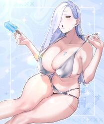 1girl absurdres bare_shoulders bikini blue_lips blush breasts cleavage collarbone eyeliner fate/grand_order fate_(series) hair_over_one_eye highres hiyayaako large_breasts long_hair looking_at_viewer makeup mrs._snake_(fate) navel open_mouth solo swimsuit thighs white_hair yellow_eyes