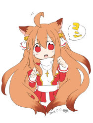 1girl ahoge animal_ears bell breasts brown_hair commentary_request cowboy_shot cross cross_necklace dated dress fox_ears fox_girl hair_bell hair_ornament high_priest_(ragnarok_online) jewelry jingle_bell juliet_sleeves long_hair long_sleeves looking_at_viewer medium_breasts nayuruonline necklace open_mouth paw_pose puffy_sleeves ragnarok_online red_dress red_eyes sash simple_background solo two-tone_dress very_long_hair white_background white_dress white_sash