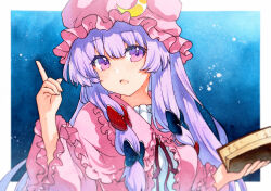 Rule 34 | 1girl, black bow, book, bow, crescent, crescent hat ornament, dress, hair bow, hat, hat ornament, highres, holding, holding book, long hair, looking at viewer, mob cap, open mouth, patchouli knowledge, pink dress, pink hat, pointing, purple eyes, purple hair, red bow, rinka (qqqrinkappp), sidelocks, solo, touhou, traditional media, upper body, very long hair, wide sleeves