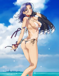 1girl anchor_choker armband ass bikini blue_sky breasts butt_crack carrying_clothes cleavage cloud collar covered_erect_nipples cruiser feet_out_of_frame hair_intakes kantai_collection large_breasts looking_at_viewer military military_vehicle name_connection ocean one-piece_tan personification purple_eyes purple_hair sameha_ikuya ship short_hair side-tie_bikini_bottom sky smile swimsuit tan tanline tatsuta_(kancolle) tatsuta_(light_cruiser) vehicle_and_personification warship watercraft white_bikini
