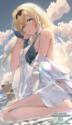 1girl bare_shoulders bikini highres hololive kakeru_(kakekaker001) kazama_iroha legs ocean shirt sitting swimsuit virtual_youtuber wariza wet wet_clothes wet_shirt