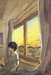 Rule 34 | 1boy, backlighting, building, closed mouth, colored skin, commentary request, curtains, from side, highres, indoors, jitome, male focus, morning, mountainous horizon, original, painting (medium), short hair, sitting, sky, solo, sweater, traditional media, watercolor (medium), white skin, white sweater, window, yellow sky, yuroy kawano
