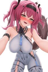 Rule 34 | 1girl, absurdres, armlet, bare shoulders, black bow, blush, bodysuit, bow, breasts, collar, commentary, commonalty, drunk, earrings, hair bow, hair ornament, hairband, headgear, highres, jewelry, large breasts, long hair, looking at viewer, lupa (wuthering waves), metal collar, metal hairband, multiple hair bows, open mouth, pink hair, red pupils, simple background, smile, solo, squeans, tail, twintails, white background, white bodysuit, wolf tail, wuthering waves, yellow eyes