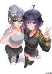 2girls absurdres ahoge bespectacled black_hood black_pantyhose black_thighhighs botttomtext bra_strap breasts brown_shoes casual collarbone commentary commission contemporary dolphin english_commentary female_kana_(fire_emblem) female_morgan_(fire_emblem) fire_emblem fire_emblem_awakening fire_emblem_fates flower from_above glasses gold_trim grey_eyes grey_hair grey_shirt hair_between_eyes hair_bun hair_flower hair_ornament hand_on_another&#039;s_waist happy highres knees_together_feet_apart looking_at_viewer messy_hair miniskirt multiple_girls navel nintendo open_mouth pantyhose partially_unzipped pixiv_commission pointy_ears purple_eyes purple_hair purple_shorts shirt shoes short_sleeves shorts sidelocks simple_background skirt small_breasts smile thighhighs toes trait_connection v white_background white_flower wide_sleeves