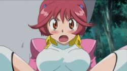 00s 1girl animated animated_gif aoi_anna between_legs blush bodysuit bouncing_breasts breasts brown_eyes embarrassed heavy_breathing open_mouth red_hair sexually_suggestive shinkon_gattai_godannar!! spread_legs