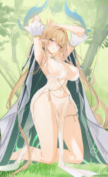 Rule 34 | 1girl, absurdres, armpits, arms up, azur lane, bare shoulders, blonde hair, bra, breasts, cape, cleavage, collarbone, commentary request, earrings, elf, feet out of frame, flantia, gem, gold thighlet, gold trim, gouden leeuw (azur lane), grass, green background, green gemstone, hair between eyes, hair intakes, head tilt, highres, jewelry, kneeling, large breasts, long hair, looking at viewer, mole, mole under eye, navel, no panties, on grass, open mouth, pelvic curtain, pointy ears, purple eyes, revealing clothes, see-through clothes, sideboob, single earring, smile, solo, stomach, thighs, tree, two-sided cape, two-sided fabric, underwear, very long hair, white bra, white cape