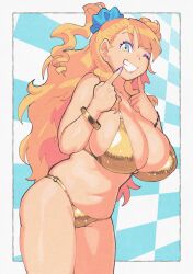1girl bikini blonde_hair breasts checkered_background cleavage galko gold_bikini golden_week grin gyaru hair_bun highres inkerton-kun large_breasts lips long_hair navel one_eye_closed oshiete!_galko-chan scrunchie smile swimsuit teeth