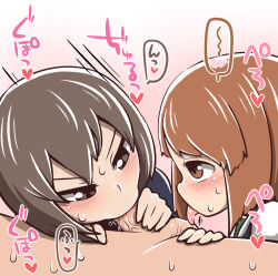 1boy 2girls blush brown_eyes brown_hair cooperative_fellatio fellatio girls_und_panzer hetero licking_testicle multiple_girls nishizumi_maho nishizumi_miho oral penis rantana_(lalalalackluster) saliva siblings sisters sweat teamwork_(sexual) testicles tongue tongue_out