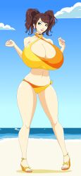 1girl absurdres bare_shoulders bikini breasts brown_eyes brown_hair cleavage collar dea-jn earrings female_focus full_body gluteal_fold highres huge_breasts jewelry kujikawa_rise lipstick makeup matching_hair/eyes medium_hair nail_polish navel persona persona_4 sandals skindentation solo swimsuit thick_thighs thighs toenail_polish toenails twintails