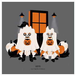 Rule 34 | animal, animal focus, border, bright pupils, clothed pokemon, commentary, dog, door, english text, full body, gen 8 pokemon, grey background, halloween bucket, highres, legendary pokemon, light particles, limited palette, manami (uovoegg), nintendo, no humans, orange eyes, pokemon, pumpkin, sheet ghost, sitting, symbol-only commentary, white border, white pupils, zacian, zamazenta
