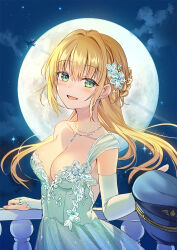 1girl :d blonde_hair blue_hat breasts character_request cleavage collarbone commentary copyright_request detached_sleeves dress full_moon green_dress green_eyes hair_between_eyes hat highres holding holding_unworn_clothes holding_unworn_hat jewelry long_hair long_sleeves looking_at_viewer medium_breasts moon necklace night night_sky open_mouth outdoors single_bare_shoulder sky smile solo tan_(tangent) unworn_hat unworn_headwear upper_body white_sleeves wispy_bangs