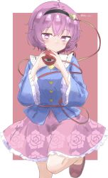 Rule 34 | 1girl, ahoge, black hairband, blue shirt, blush, border, buttons, commentary request, dot nose, expressionless, eyeball, floral print, foot out of frame, frilled shirt collar, frills, hair between eyes, hair ornament, hairband, hands up, heart, heart button, heart hair ornament, highres, komeiji satori, long sleeves, looking at viewer, messy hair, no socks, nose blush, outside border, petticoat, pink background, pink skirt, purple eyes, purple hair, rose print, shirt, short hair, simple background, skirt, slippers, solo, standing, standing on one leg, stenciled rose, tesura (teslamk2), third eye, touhou, white background, white border, wide sleeves