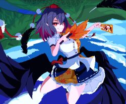 1girl bird_girl bird_wings black_hair black_ribbon black_wings blue_sky breasts brodall_pixel card cloud cloudy_sky collared_shirt feathered_wings feathers frilled_skirt frills full_body geta hair_between_eyes hands_up hat highres hill holding holding_card holding_leaf leaf leaf_print legs legs_up looking_at_viewer maple_leaf maple_leaf_print medium_breasts miniskirt open_mouth outdoors pom_pom_(clothes) print_shirt print_skirt puffy_short_sleeves puffy_sleeves red_eyes ribbon shaded_face shameimaru_aya shirt short_hair short_sleeves skirt sky smile solo spell_card teeth tengu tengu-geta tokin_hat touhou upside-down waist_ribbon wings
